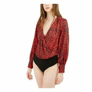 NWT Bar III Women's L Red Black Cheetah Animal Long Sleeve Wrap Bodysuit Top